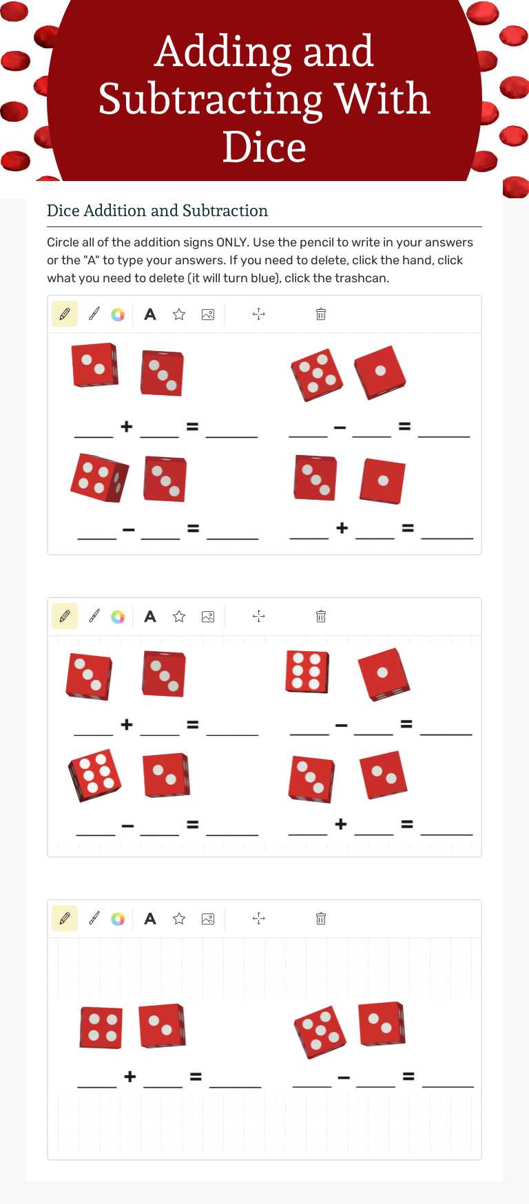 Adding and Subtracting With Dice worksheet preview image