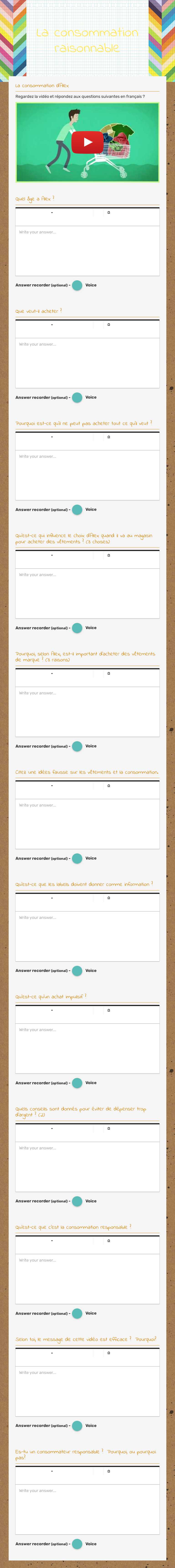 La consommation raisonnable worksheet preview image