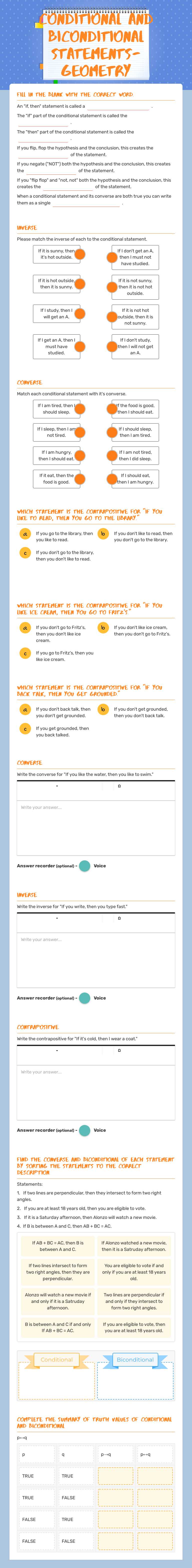 Conditional and biconditional Statements-Geometry worksheet preview image
