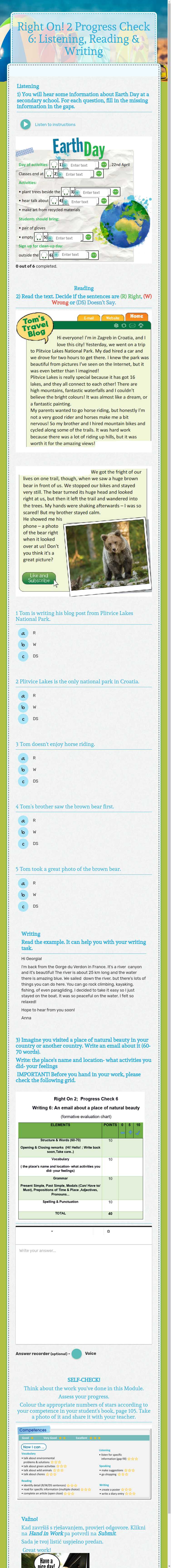 Right On! 2 Progress Check 6: Listening, Reading & Writing worksheet preview image