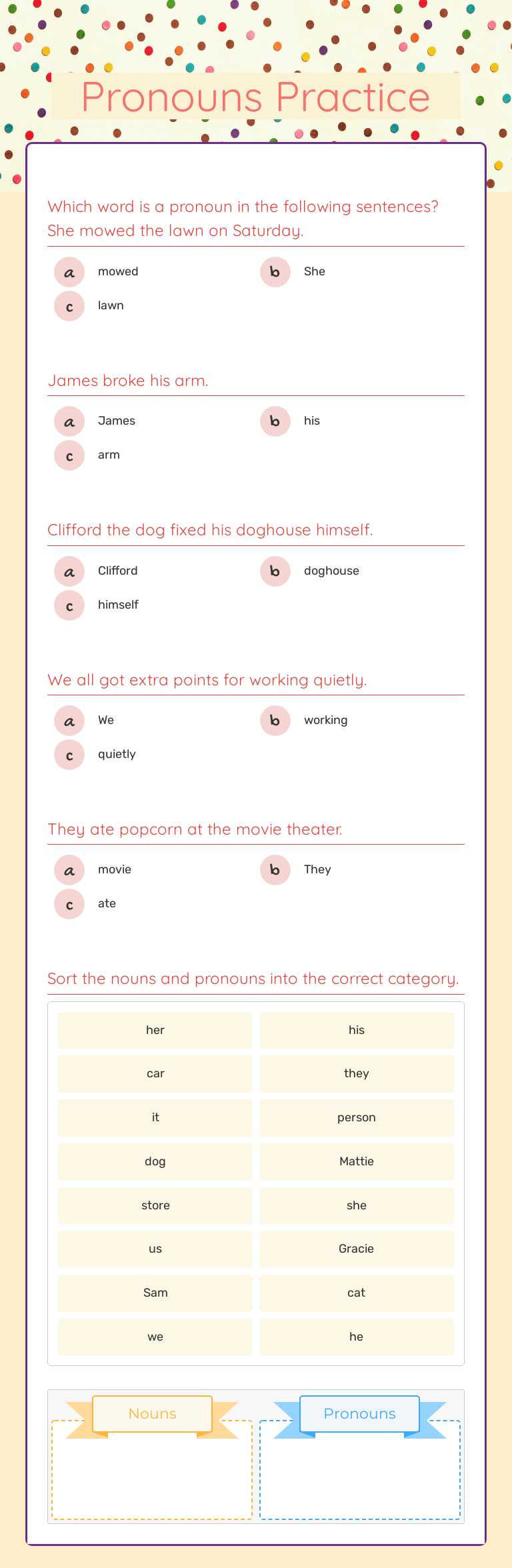 Pronouns Practice worksheet preview image