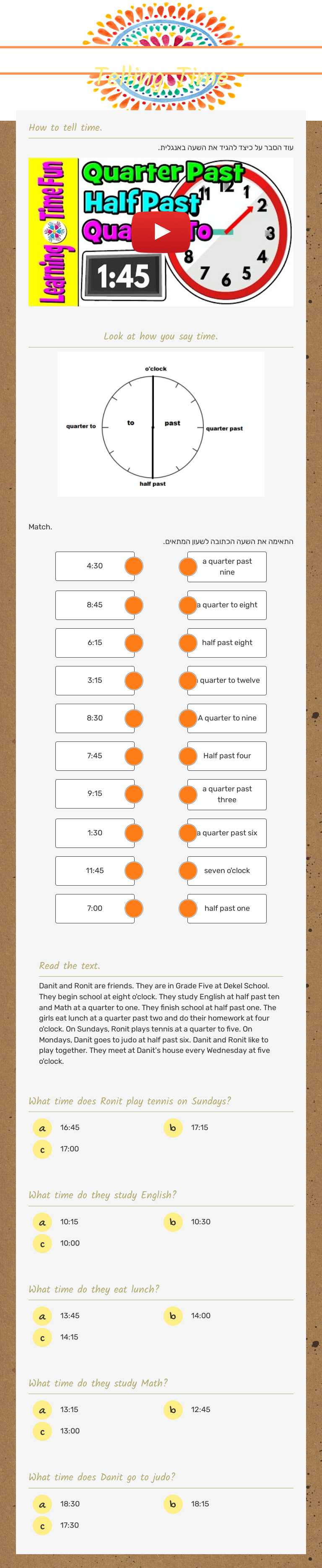 Telling Time Grade 2 worksheet preview