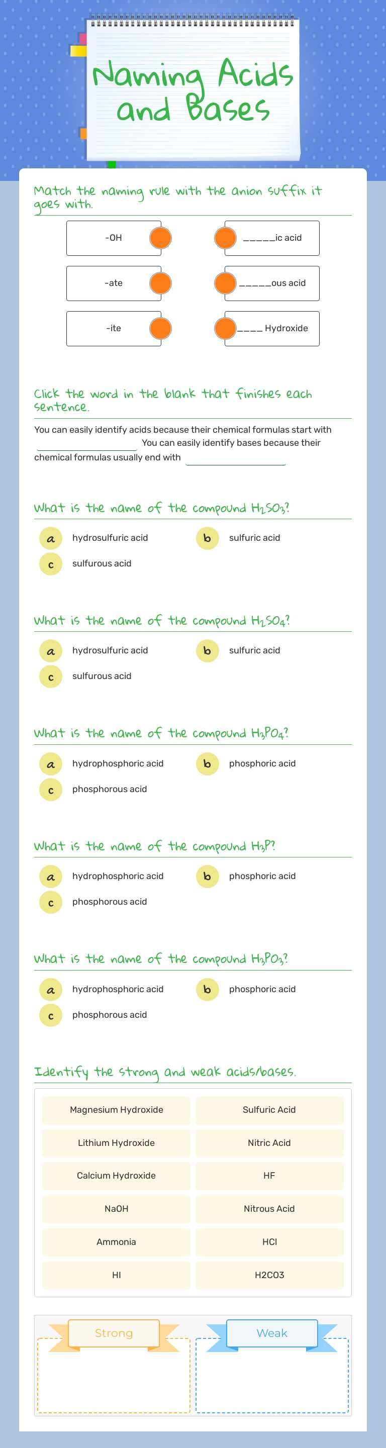 Naming Acids and Bases worksheet preview image