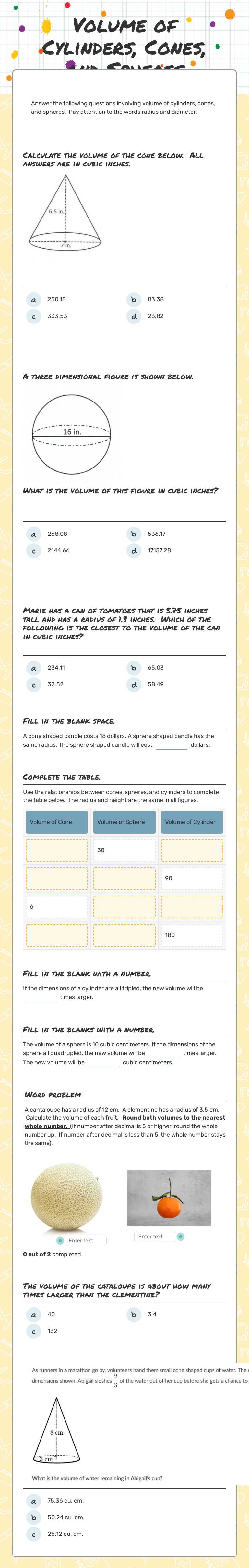 Volume of Cylinders, Cones, and Spheres worksheet preview image