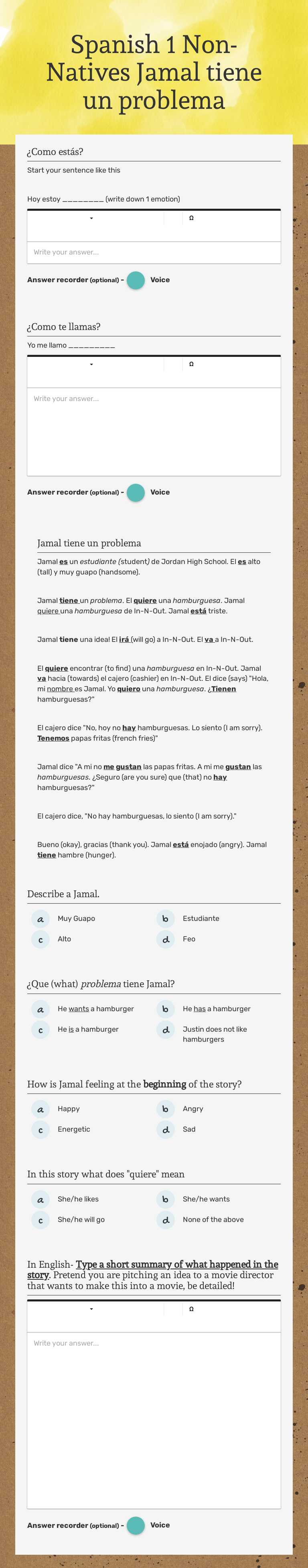 Spanish 1 Non-Natives Jamal tiene un problema worksheet preview image