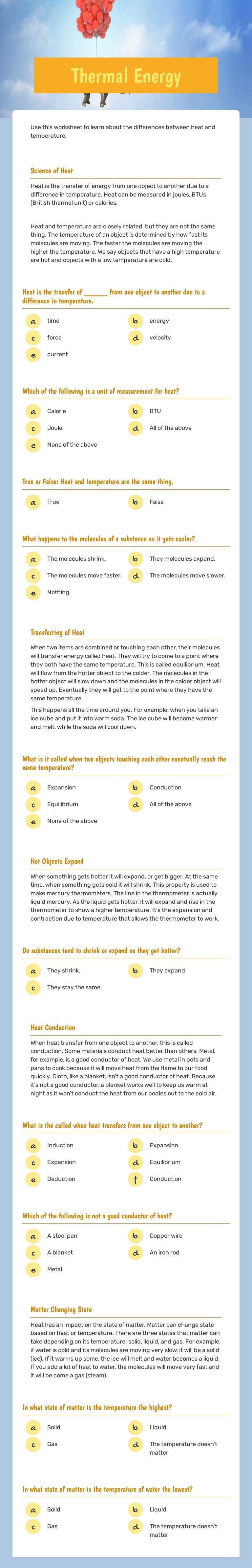 Thermal Energy worksheet preview image