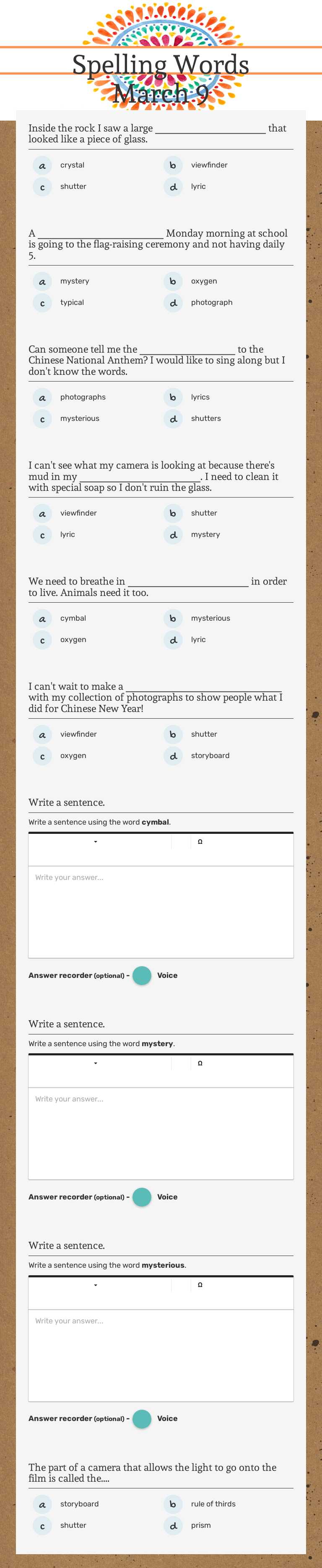 Spelling Words March 9 Grade 3 worksheet preview