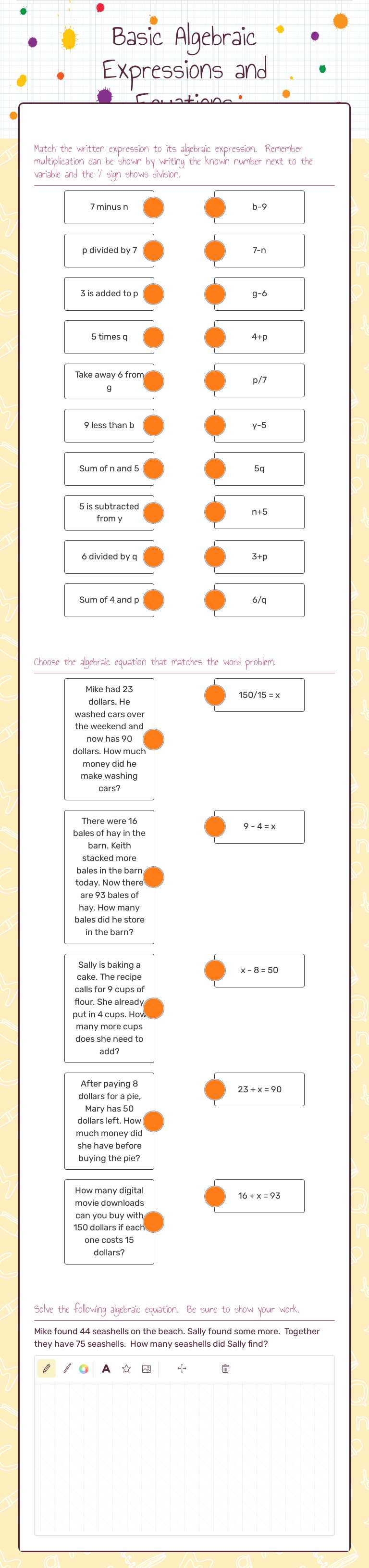 Basic Algebraic Expressions and Equations worksheet preview image