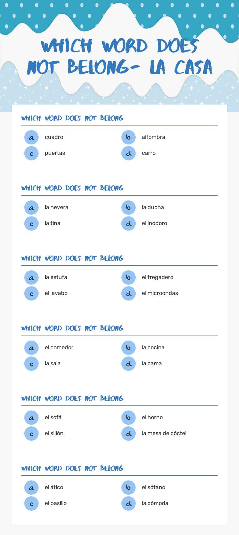 Which word does not belong- la casa Grade 8 worksheet preview