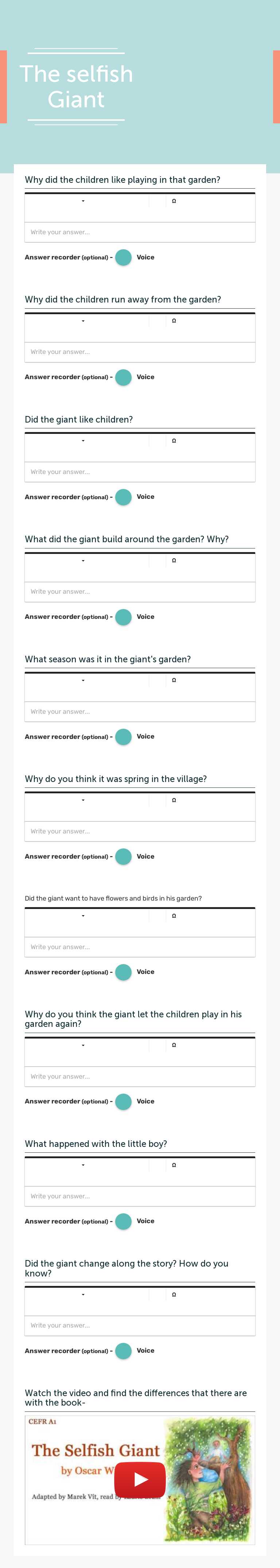 The selfish Giant worksheet preview image