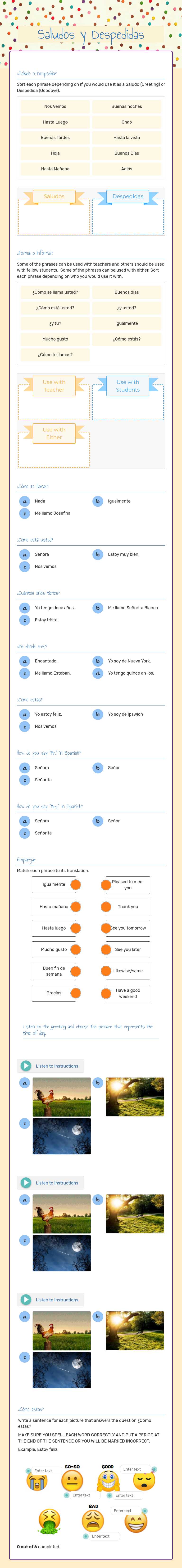 Saludos y Despedidas worksheet preview image