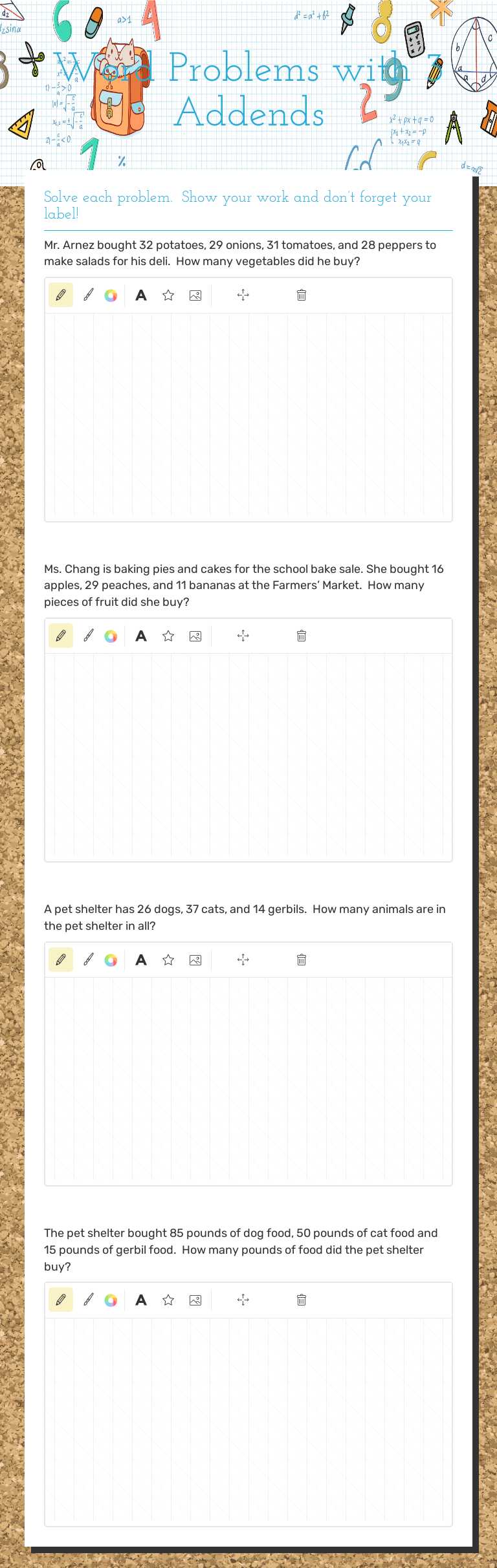 Word Problems with 3 Addends worksheet preview image