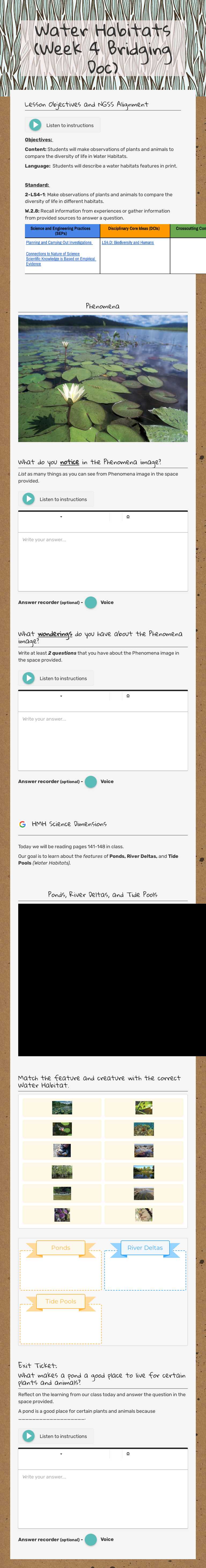 Water Habitats (Week 4 Bridging Doc) worksheet preview image