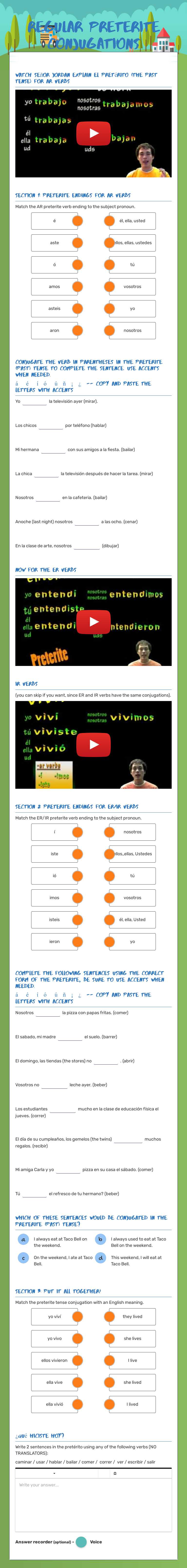 REGULAR PRETERITE CONJUGATIONS worksheet preview image
