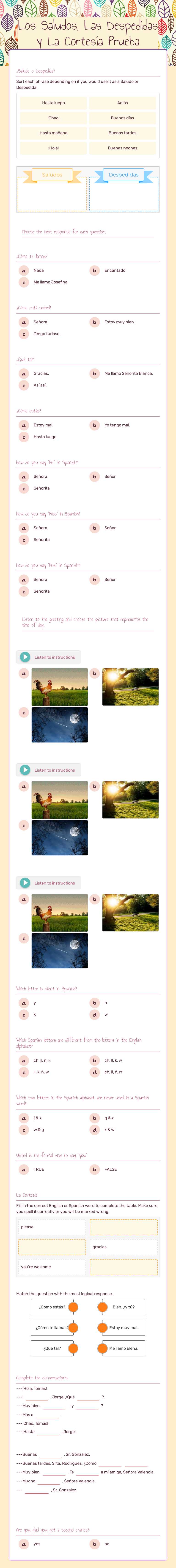 Los Saludos, Las Despedidas y La Cortesía Prueba worksheet preview image
