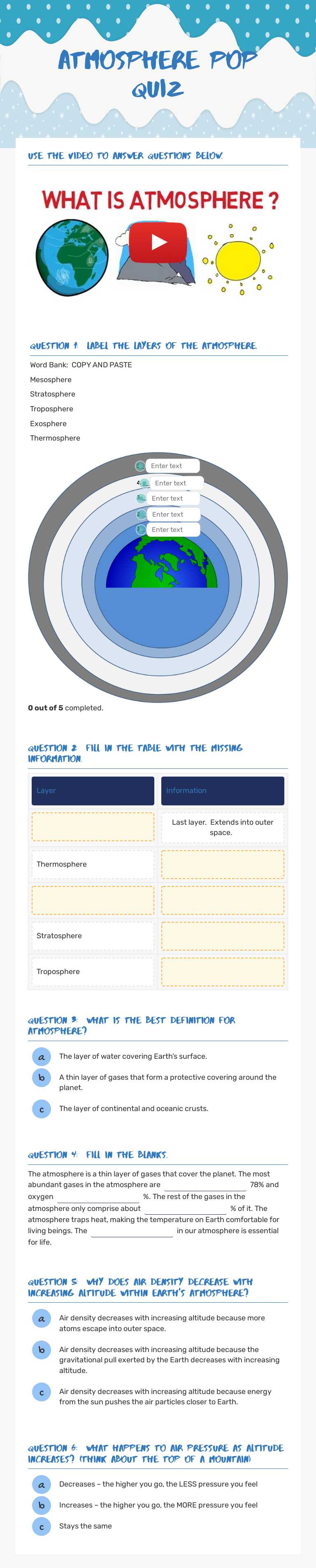 Atmosphere pop quiz worksheet preview image