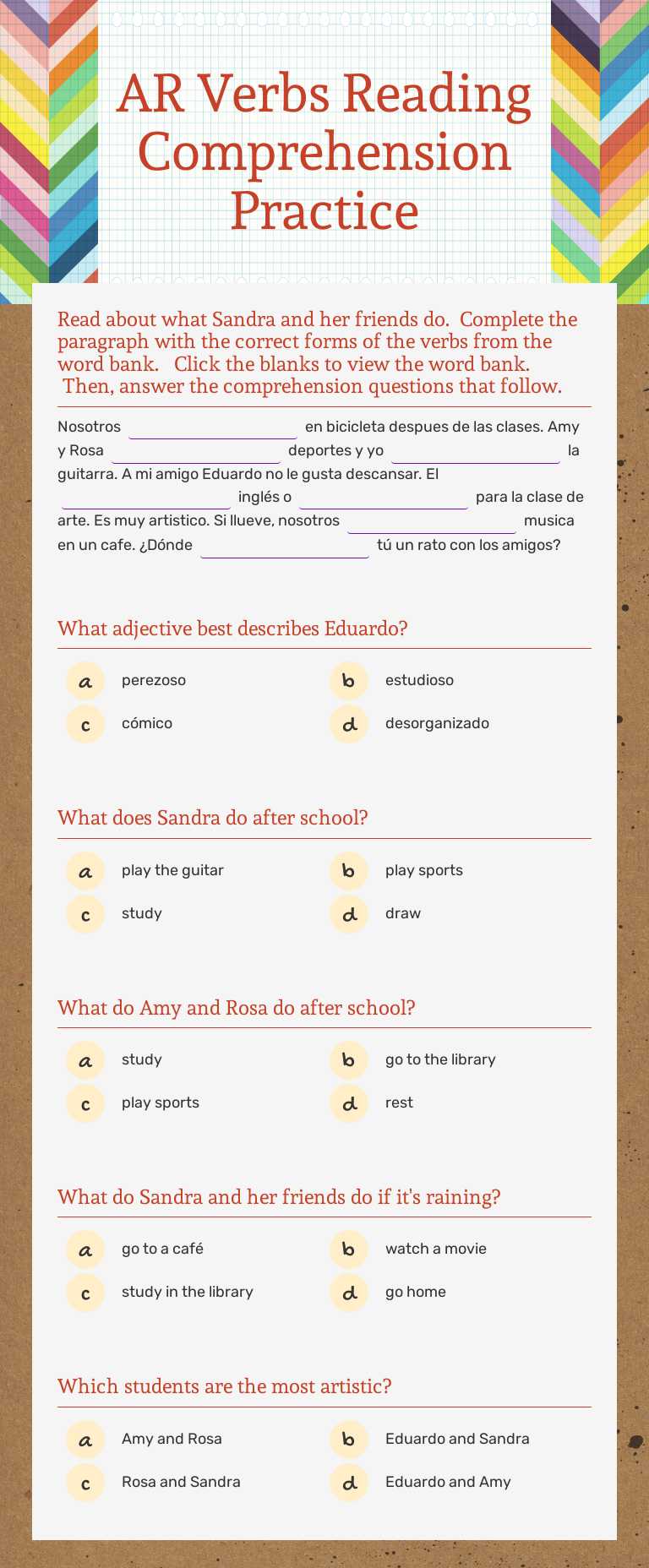 AR Verbs Reading Comprehension Practice worksheet preview image