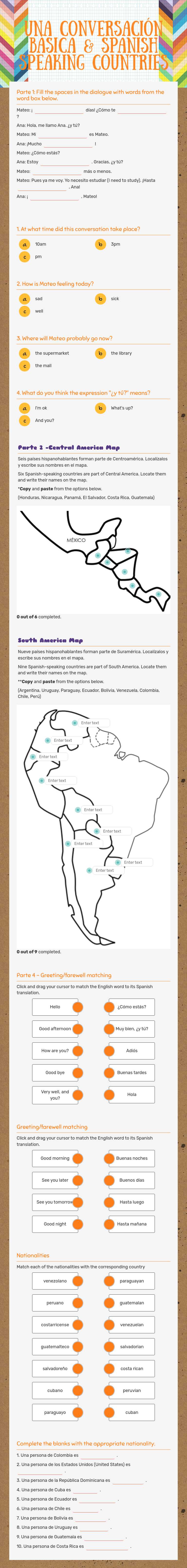 Una conversación básica & Spanish speaking countries worksheet preview image