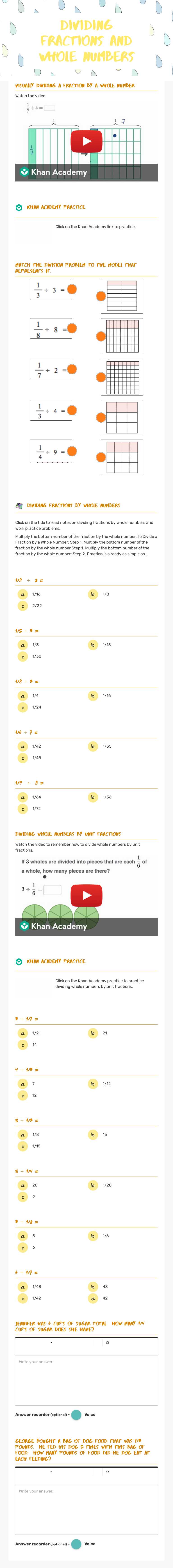 Dividing fractions and whole numbers worksheet preview