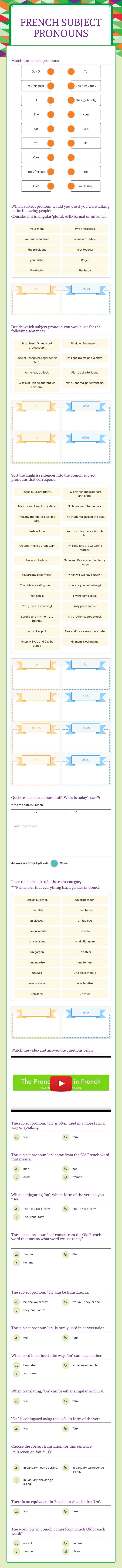 french Subject pronouns Grade 8 worksheet preview