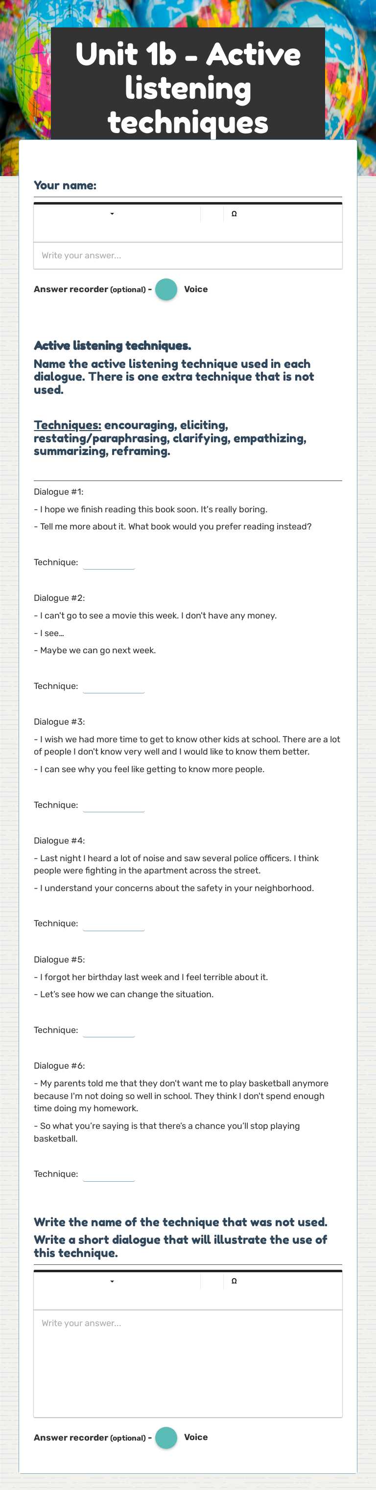 Unit 1b - Active listening techniques Other worksheet preview