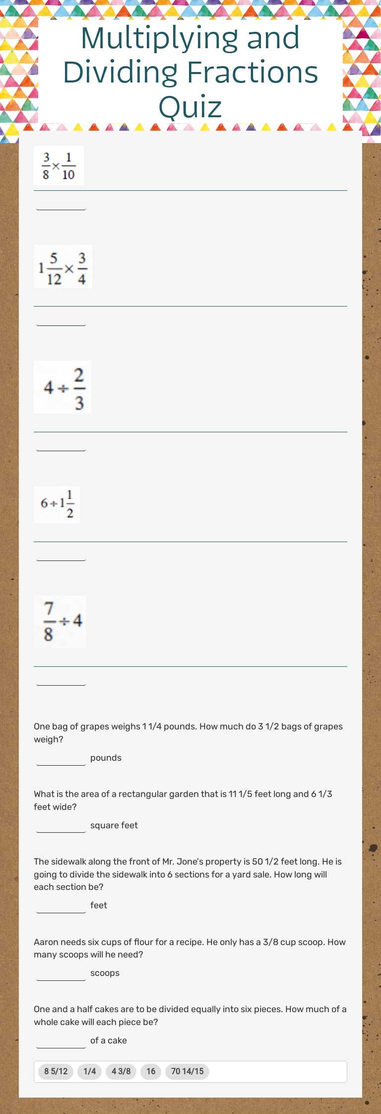 Multiplying and Dividing Fractions Quiz worksheet preview image
