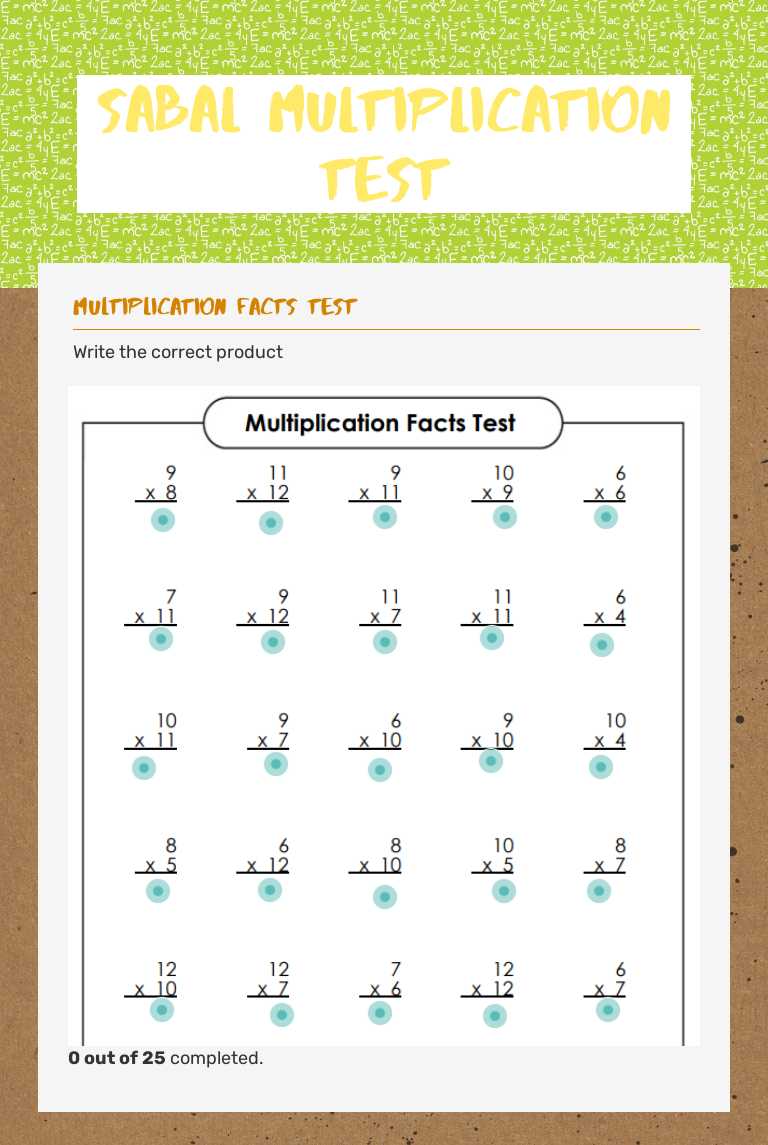 Sabal Multiplication Test worksheet preview image