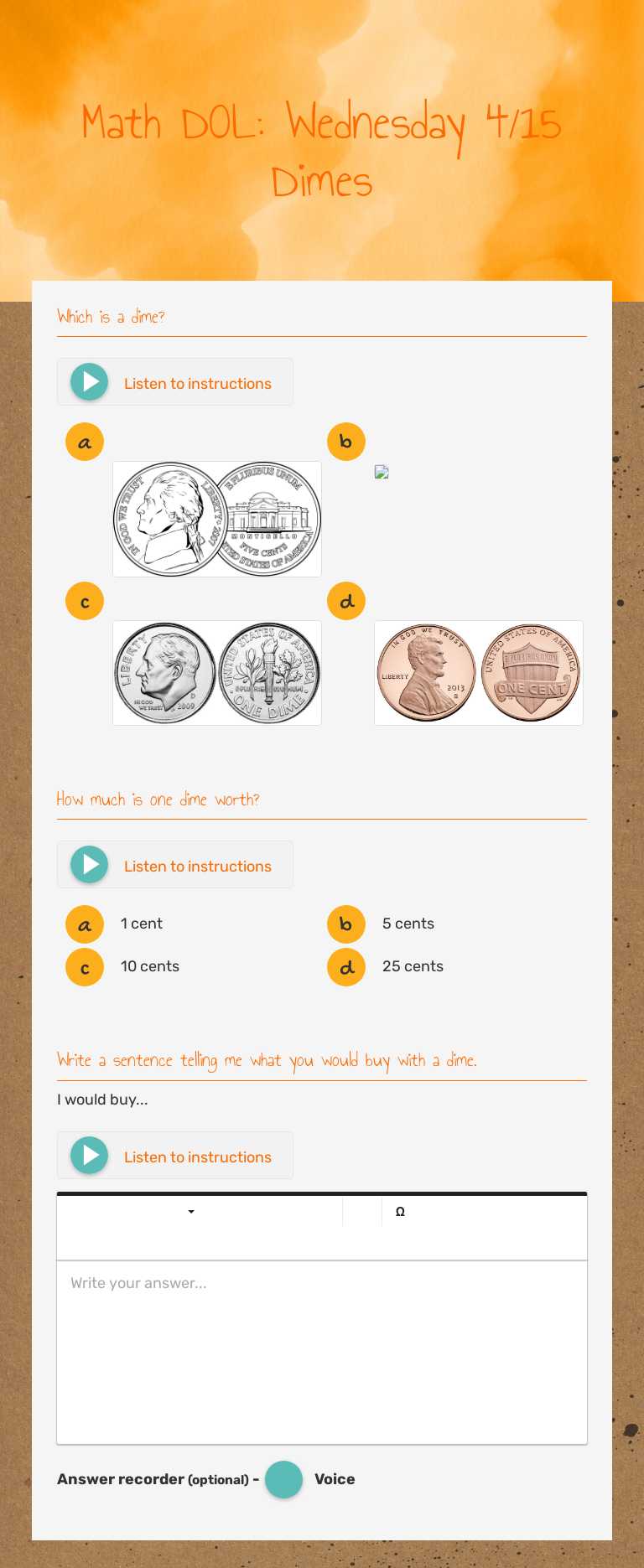 Math DOL: Wednesday 4/15 Dimes worksheet preview image