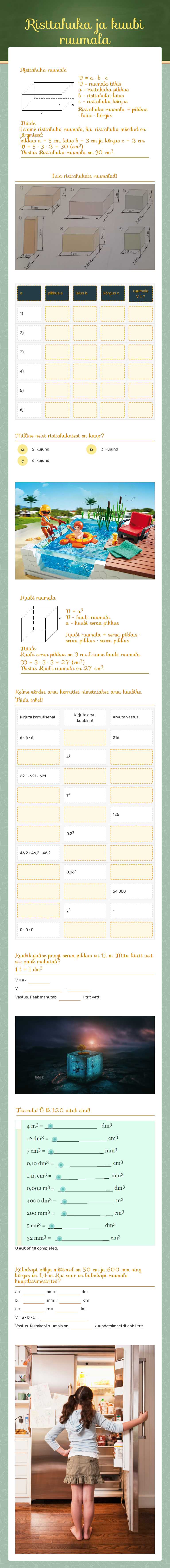Risttahuka ja kuubi ruumala worksheet preview image