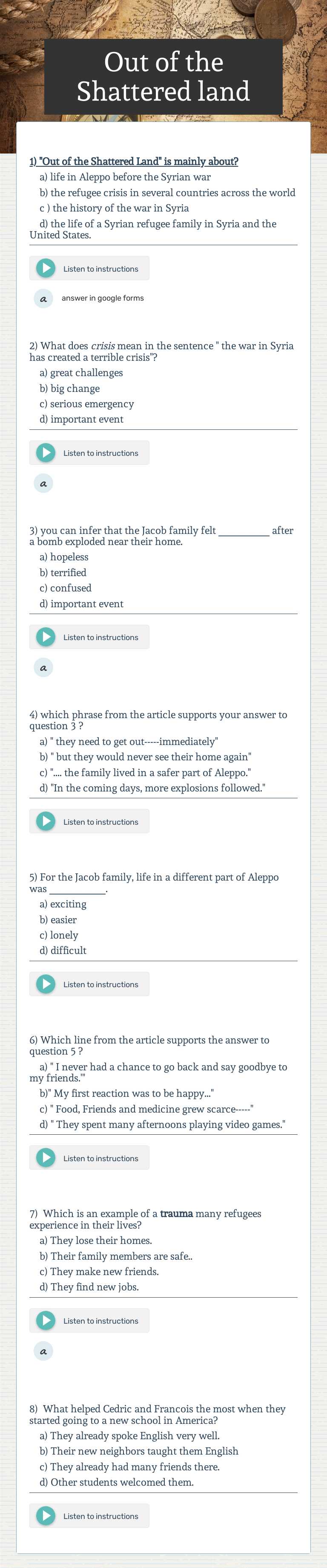 Out of the Shattered land worksheet preview image