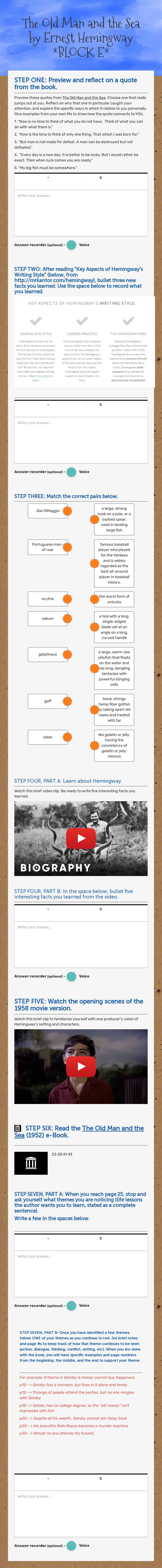The Old Man and the Sea 
by Ernest Hemingway *BLOCK E* Grade 10 worksheet preview