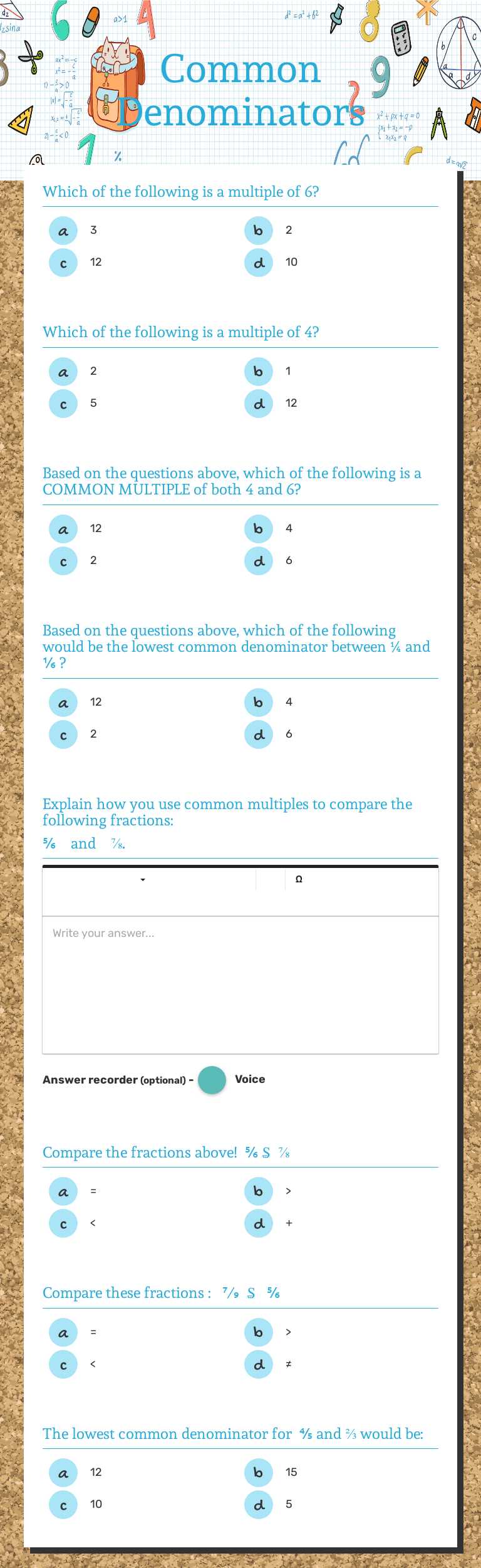Common Denominators worksheet preview image