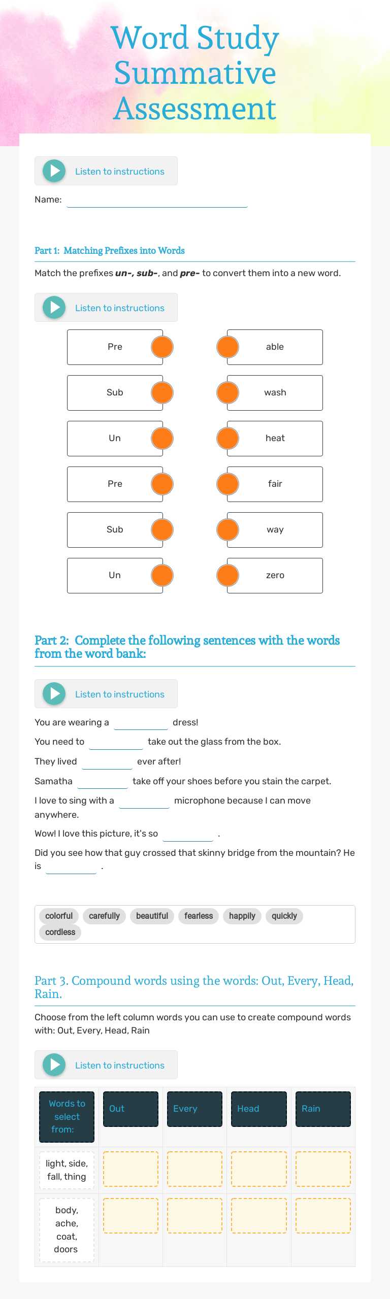 Word Study Summative Assessment Grade 2 worksheet preview