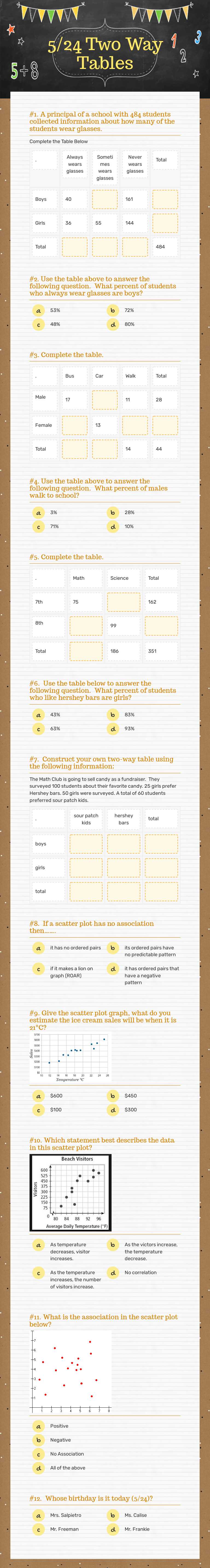 5/24 Two Way Tables worksheet preview image