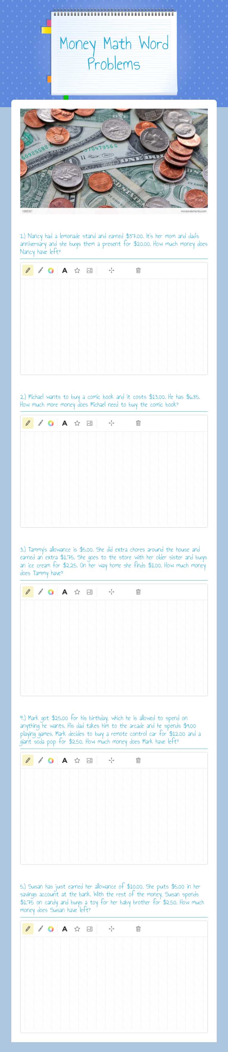 Money Math Word Problems worksheet preview image