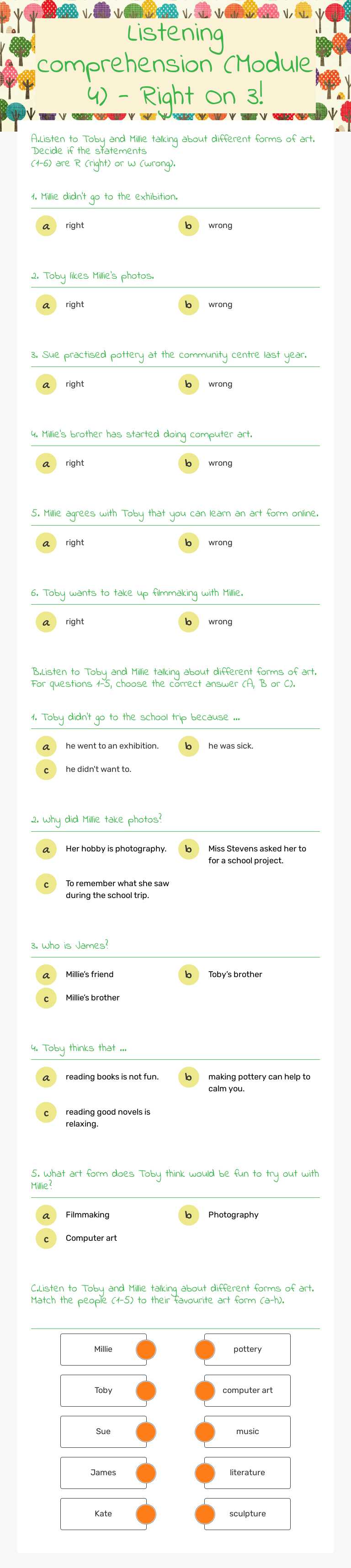 Listening comprehension (Module 4) - Right On 3! worksheet preview image