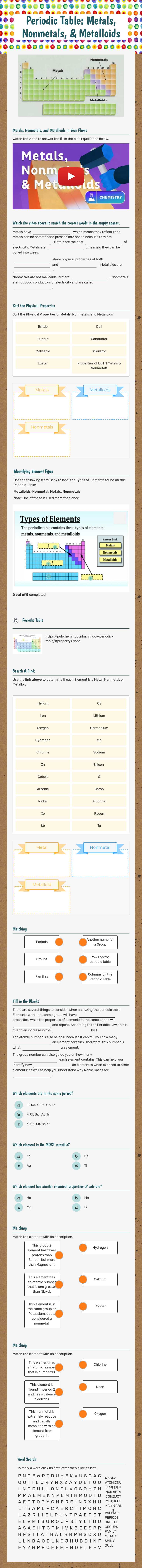 Periodic Table: Metals, Nonmetals, & Metalloids worksheet preview image