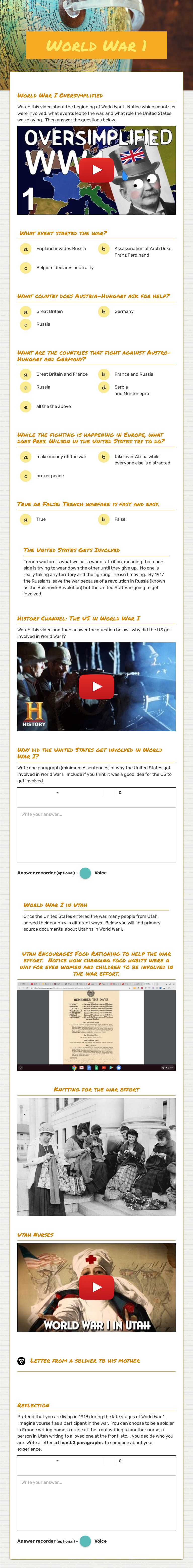 World War 1 worksheet preview image