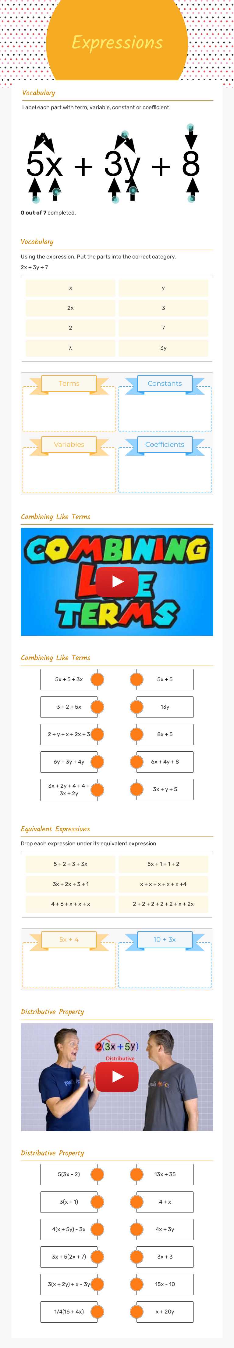 Expressions Grade 6 worksheet preview