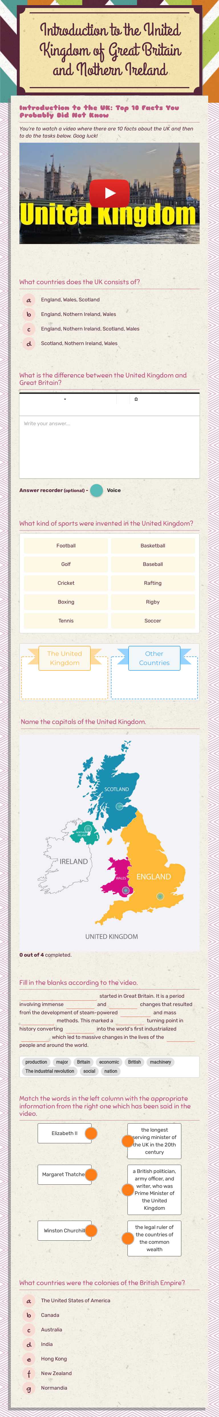 Introduction to the United Kingdom of Great Britain and Nothern Ireland worksheet preview image