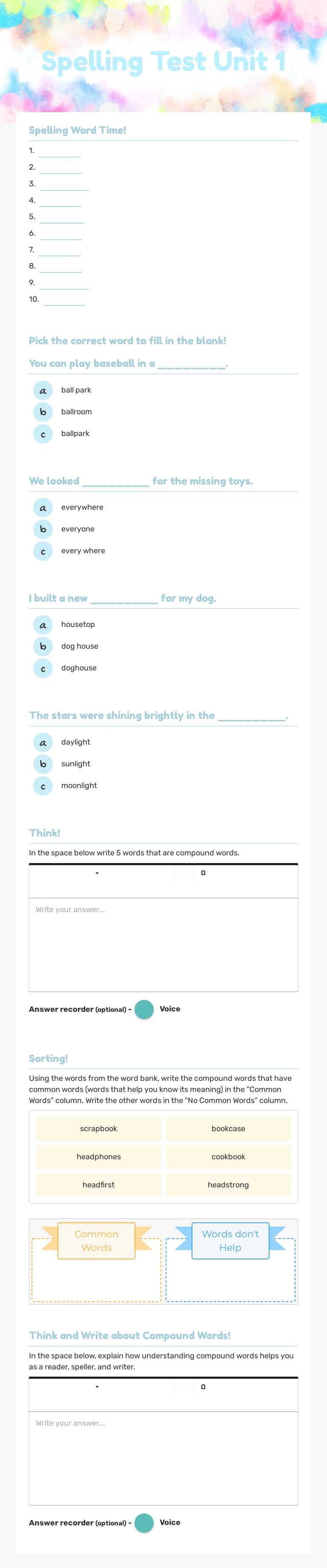 Spelling Test 
Unit 1 Grade 3 worksheet preview