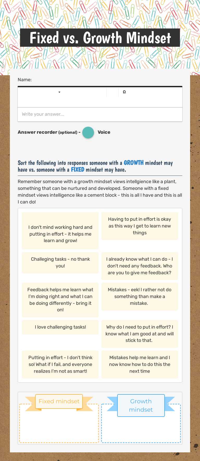 Fixed vs. Growth Mindset worksheet preview image