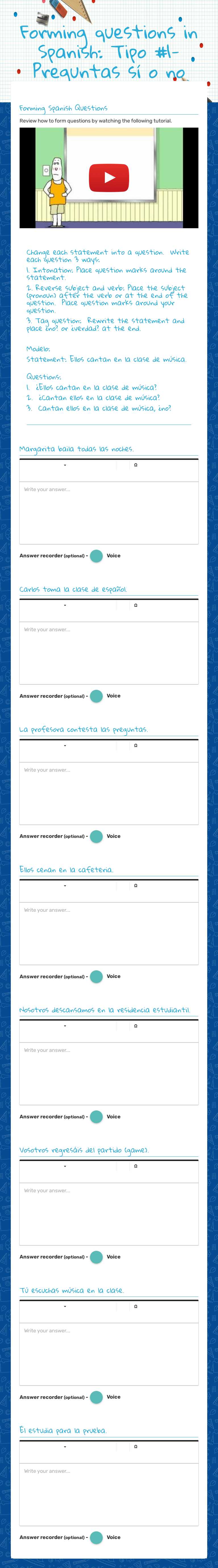 Forming questions in Spanish: Tipo #1-Preguntas sí o no worksheet preview image