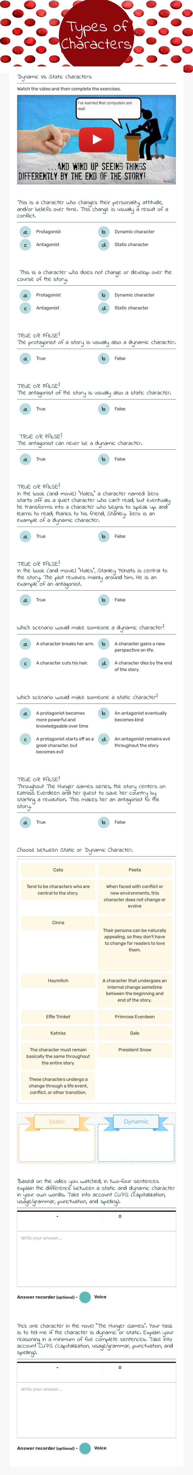 Types of Characters worksheet preview image