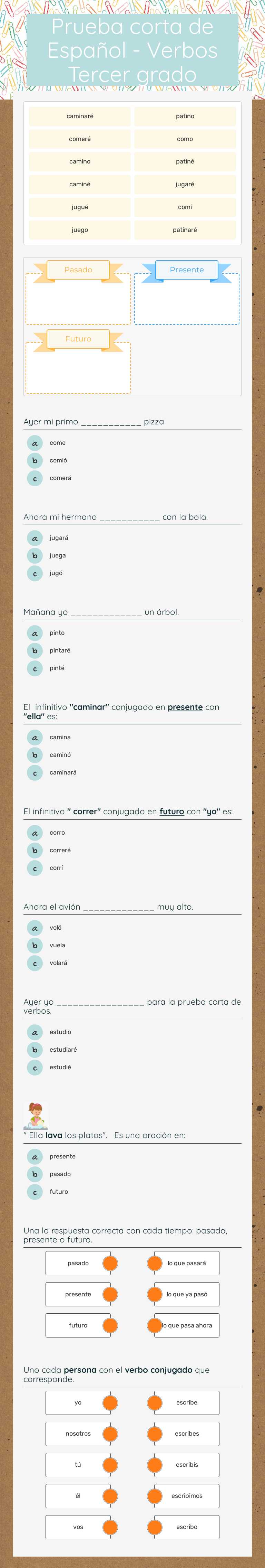 Prueba corta de Español - Verbos Tercer grado Grade 3 worksheet preview