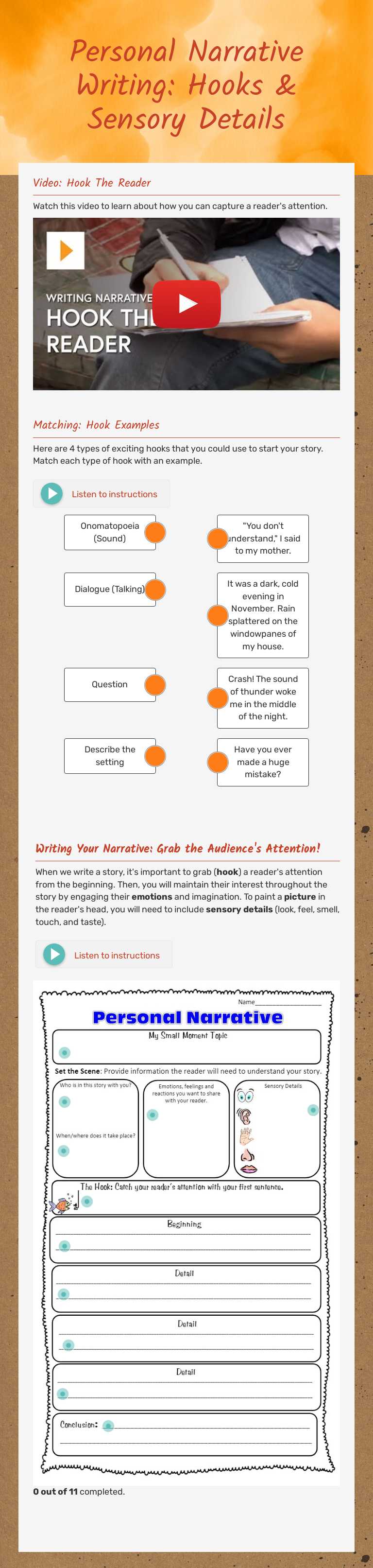 Personal Narrative Writing:
Hooks & Sensory Details Grade 10 worksheet preview