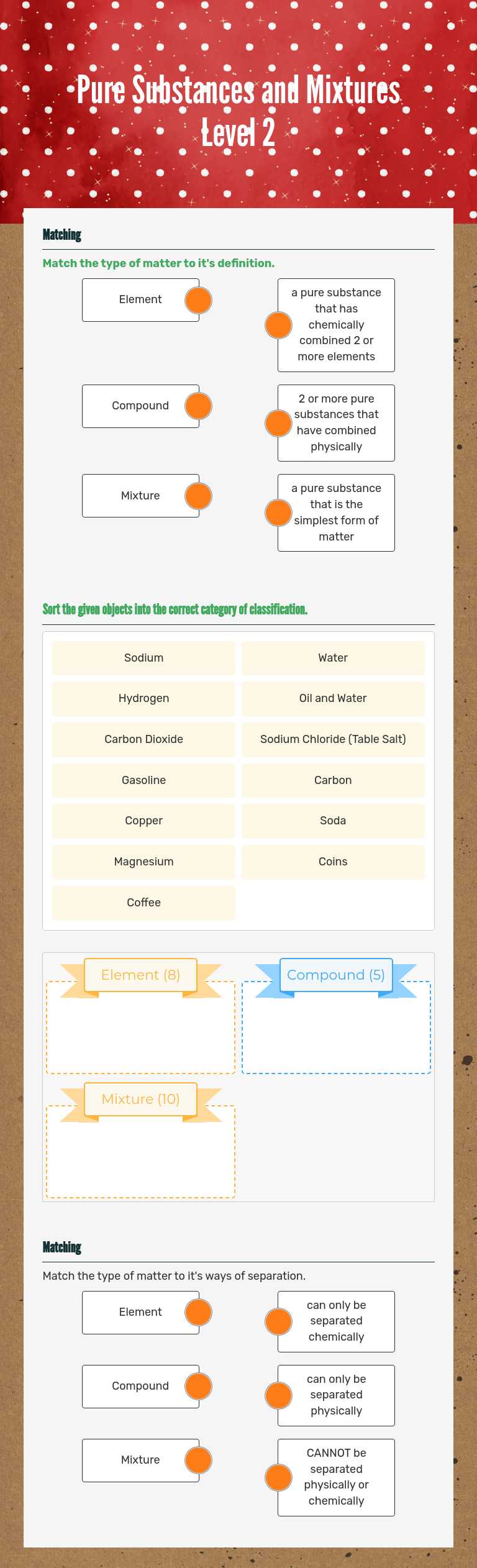 Pure Substances and Mixtures Level 2 worksheet preview image
