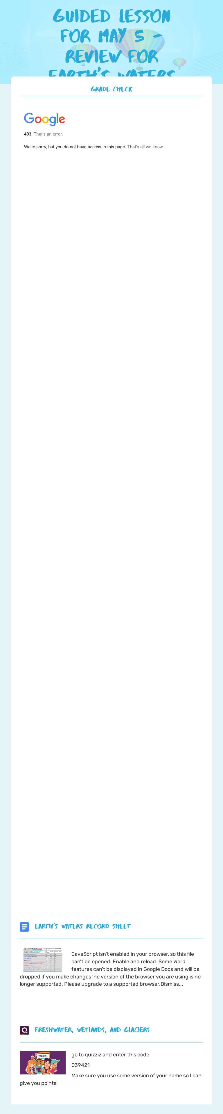 Guided lesson for May 5 -review for Earth's waters worksheet preview image