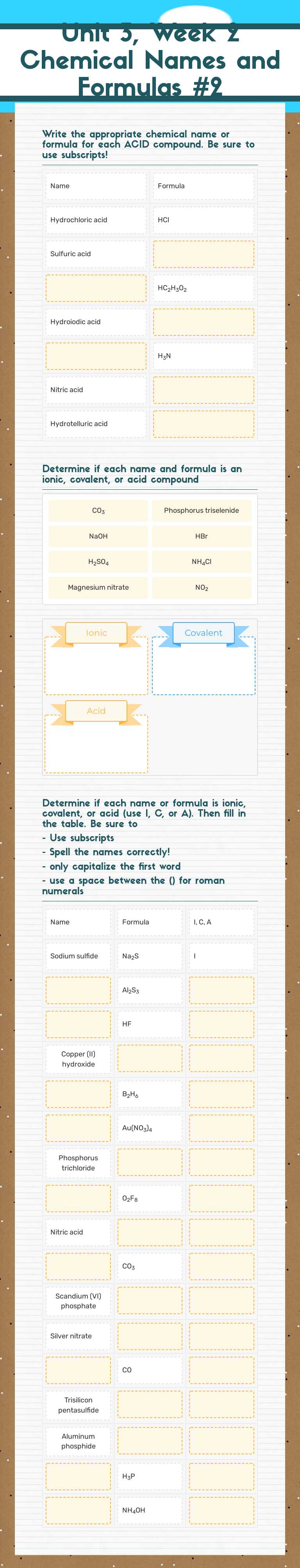 Unit 3, Week 2
Chemical Names and Formulas #2 Grade 11 worksheet preview