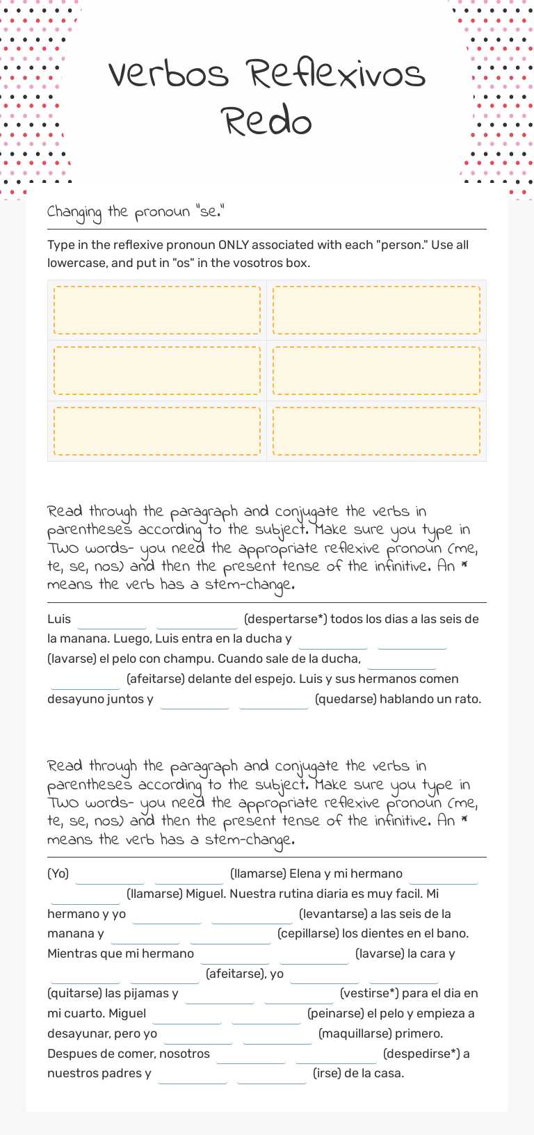 Verbos Reflexivos Redo worksheet preview image